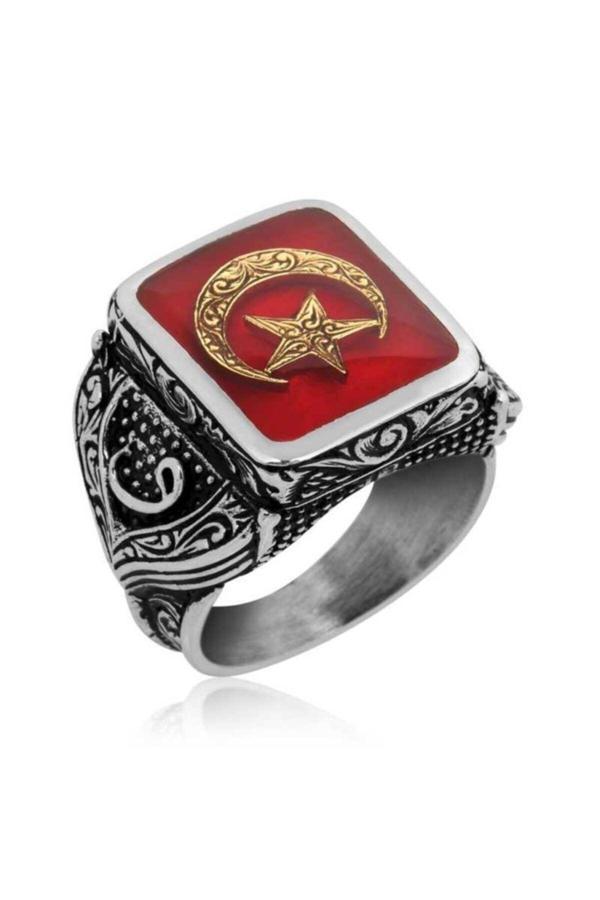 Armagano Pb Kırmızı Ay Yıldız Erkek Gümüş Yüzük - Image 1