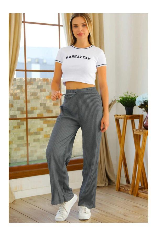 Pi Giyim Kadın Kışlık Kalın Fitilli Kaşkorse Pijama Altı Eşofman Altı Cepsiz Antrasit - Image 1