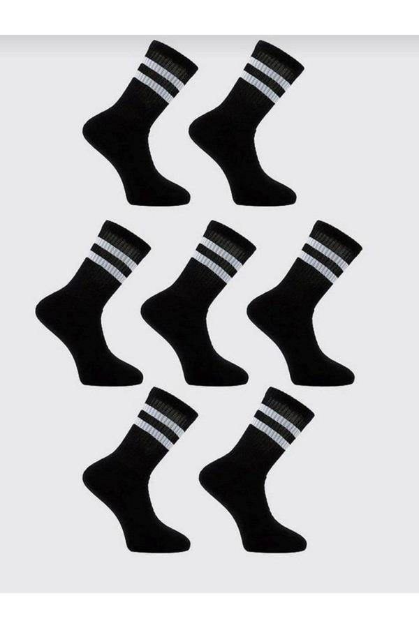Pi Giyim 7 Çift Unisex Siyah Çizgili Pamuklu Tenis Çorap - Image 1