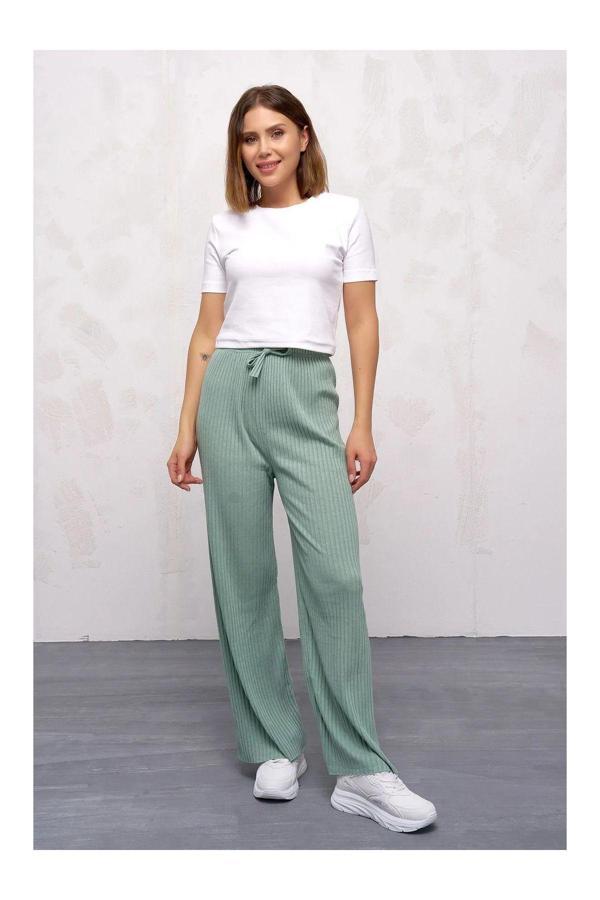 Pi Giyim Kadın Kışlık Kalın Fitilli Kaşkorse Pijama Altı Eşofman Altı Cepsiz Yeşil - Image 1