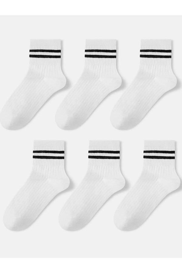 Pi Giyim 6 Çift Unisex Çizgili Tenis Çorap - Kolej Tarzı, Beyaz, 36-44 Beden, Pamuklu Ve Rahat - Image 1