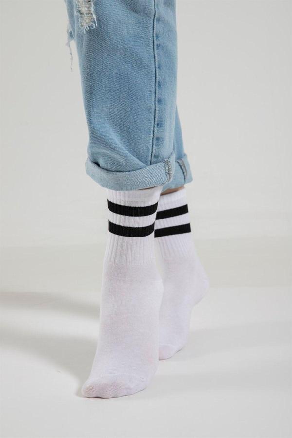 Pi Giyim 6’Lı Unisex Beyaz Üstü Siyah Çizgili Tenis Çorap - Image 1
