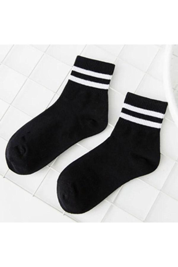 Pi Giyim 3 Çift Unisex Siyah Üstü Beyaz Çizgili Kolej Çorap - Image 1