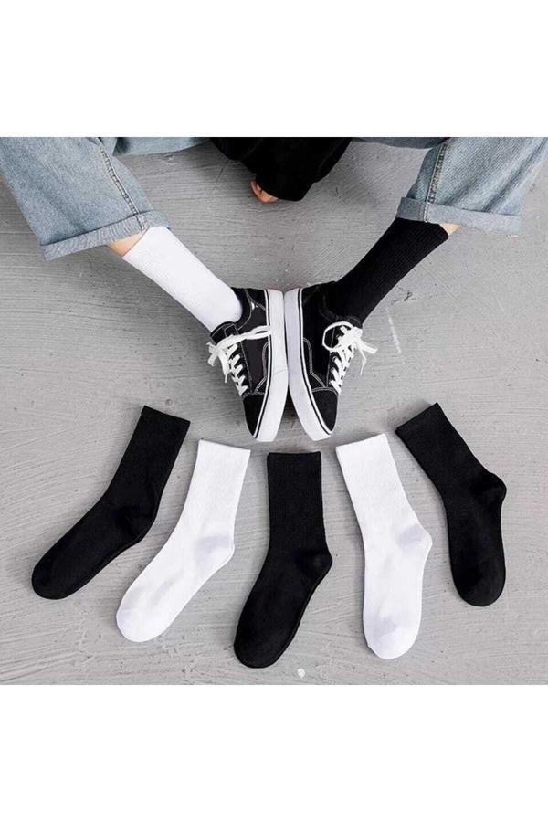 Pi Giyim 6'Lı Unisex Siyah Beyaz Çizgisiz Pamuklu Kolej Tenis Çorap - Image 1