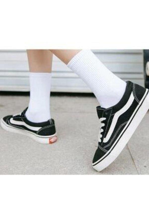 Pi Giyim 4'Lü Unisex Beyaz Çizgisiz Pamuklu Tenis Spor Kolej Çorap - Image 1