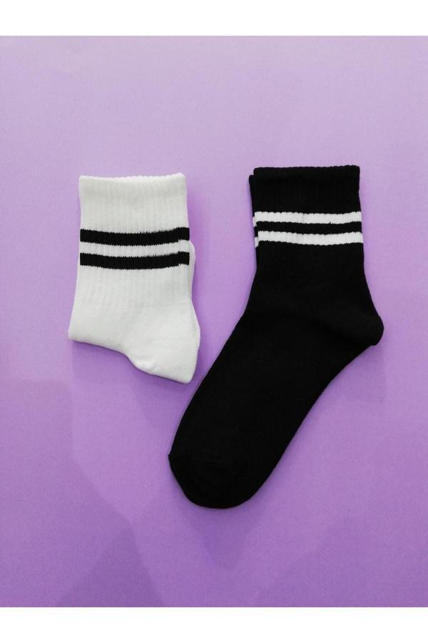 Pi Giyim Unisex Siyah Ve Beyaz Şeritli Kolej Çoraplar 2 Çift - Image 1