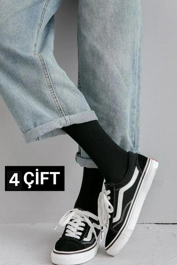 Pi Giyim 4 Çift Ekonomik Paket Erkek Kadın Unisex Soket Uzun Tenis Corap Siyah Beyaz Düz Kolej Çoraplar - Image 1