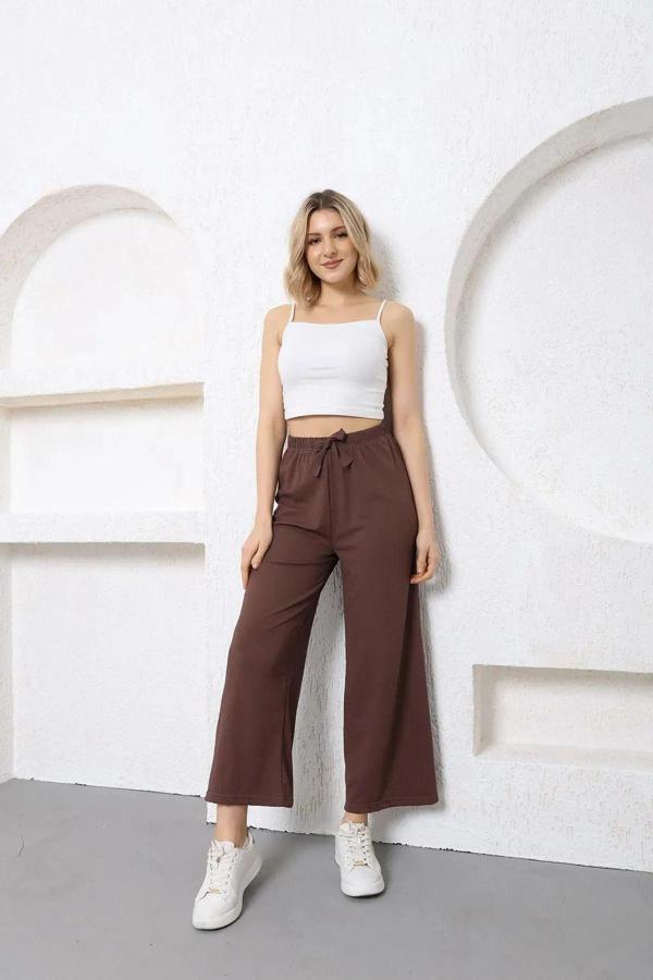 Pi Giyim Kadın Gofre Kumaş Beli Lastikli Bol Paça Pantolon Oversize - Image 1