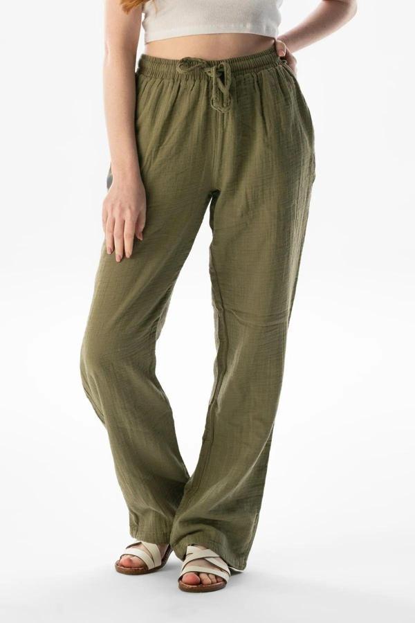 Pi Giyim Kadın Gofre Kumaş Beli Lastikli Bol Paça Pantolon Oversize - Image 1