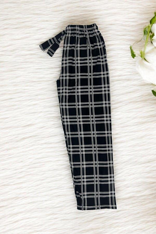 Pi Giyim Kurdeleli Ekose Kadın Pijama Altı Süet Kumaş - Image 1