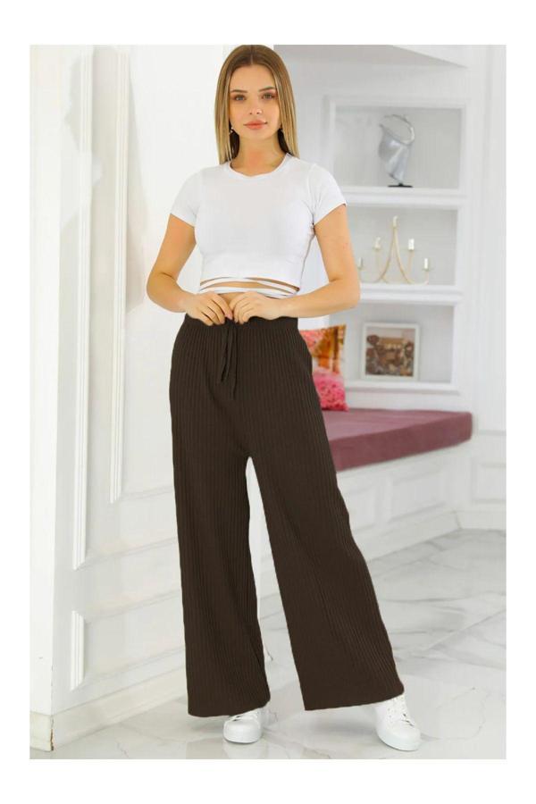 Pi Giyim Kadın Kışlık Kalın Fitilli Kaşkorse Pijama Altı Eşofman Altı Cepsiz Kahverengi - Image 1