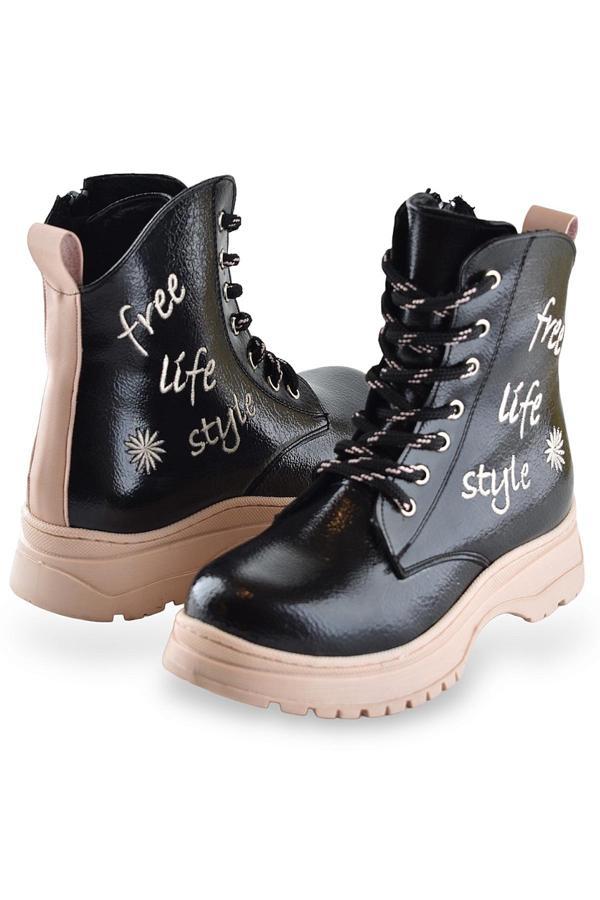 258 Ortopedik Bağcıklı Fermuarlı Kız Siyah Çocuk Bot Ayakkabı Kürklü Kız Çocuk Bot  - Image 1