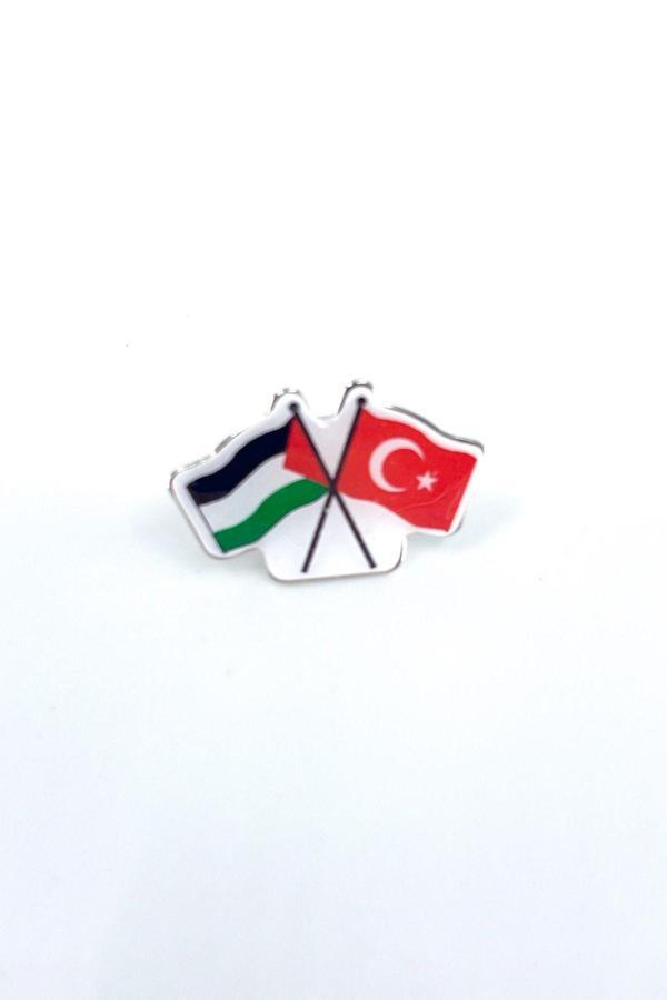 Türkiye Ve Filistin Bayarkları Simgesi Beyaz Arkapaneli Renkli Özel Tasarımlı Unisex Yaka Rozeti 1 A - Image 1