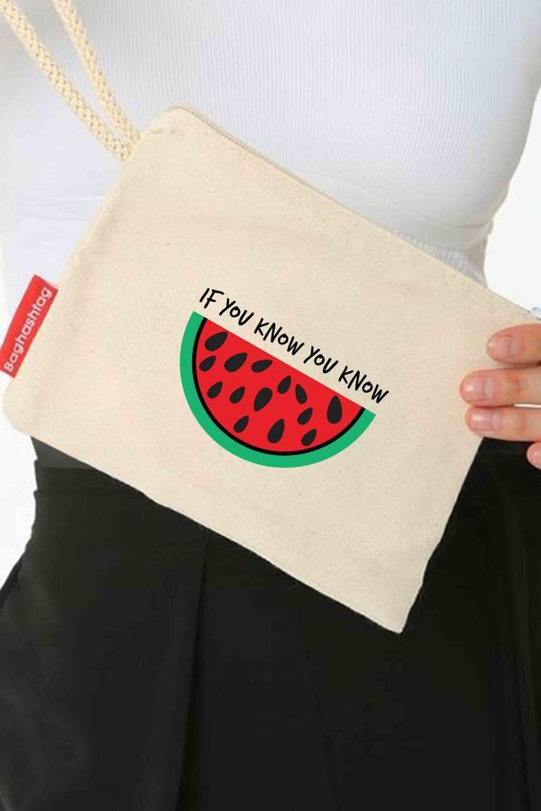 Geleneksel Filistin Yarım Karpuzlu "IF YOU KNOW YOU KNOW" Dijital Baskılı Askılı Kanvas Clutch Fermu B320009 - Image 1