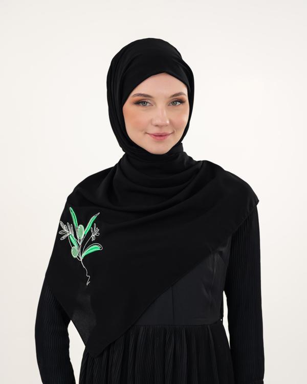 Polyster Siyah Rengi Şal Filistin Zaytin Dalı Renkli Nakışlı S100034 - Image 1