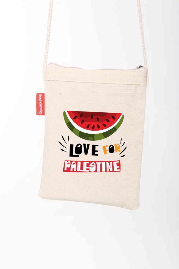 Geleneksel Filistin Yarım Karpuzlu "LOVE FOR PALESTINE" Dijital Baskılı Askılı Kanvas Bez Fermuarlı B330008 - Image 1