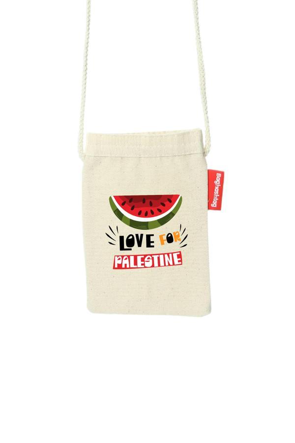 Geleneksel Filistin Yarım Karpuzlu "love For Palestıne" Dijital Baskılı Askılı Kanvas Bez Fermuarlı B340008 - Image 1