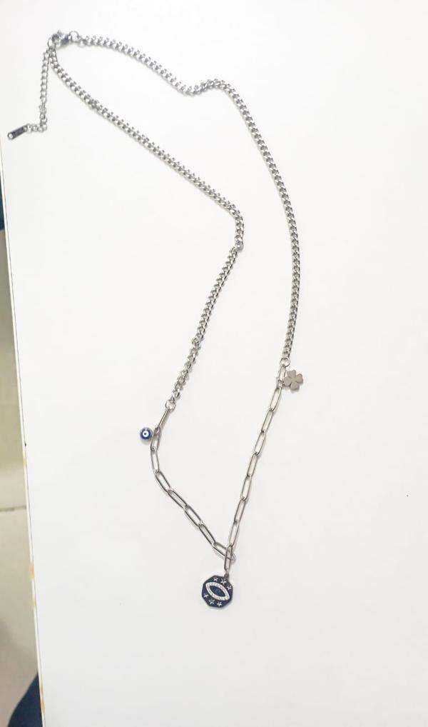 Nazar Boncuk Detaylı Yoncalı Göz Çelik Kolye - Image 1