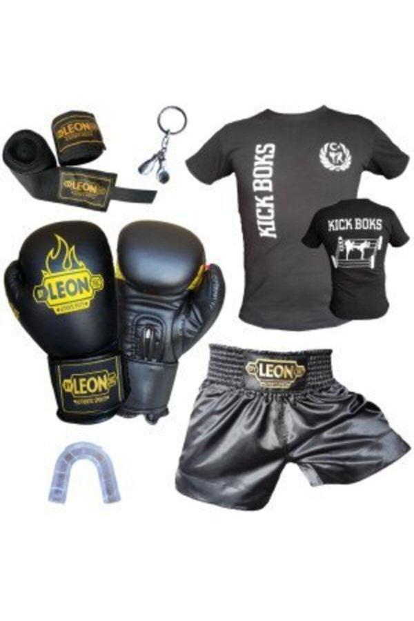 By Leon 1982 Boks Eldiveni, Leon Kick Boks Şortu, Tişört, Bandaj, Dişlik, Seti Siyah - Image 1
