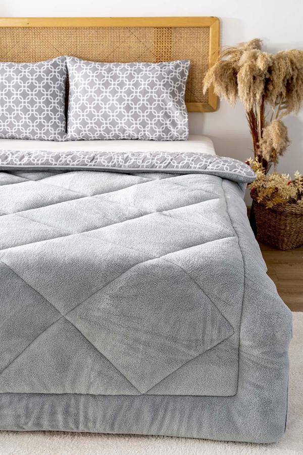 Gri Geometrik Loura Tek Kişilik Çift Taraflı Lüx Wellsoft Yorgan Seti 155x215 cm - Image 1
