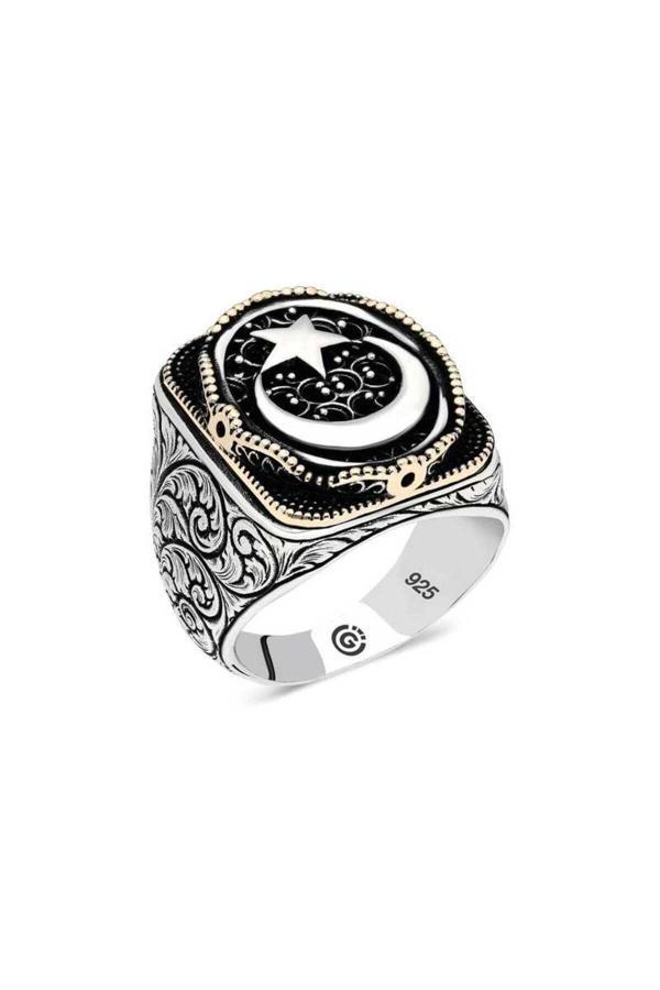 Armagano Gümüş Ay Yıldız Oval Erkek Yüzük - Image 1