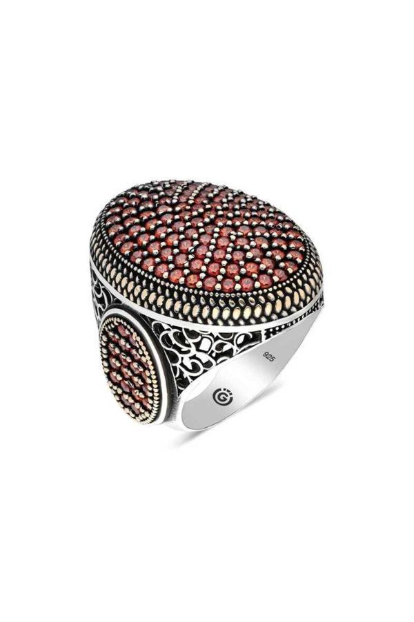 Armagano Gümüş Kırmızı Zirkon Taşlı Oval Erkek Yüzük 925 Ayar - Image 1