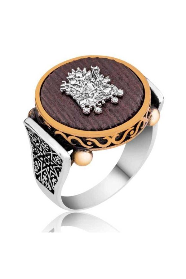 Armagano Gümüş Kuka Ağacı Osmanlı Armalı Erkek Yüzük - Image 1