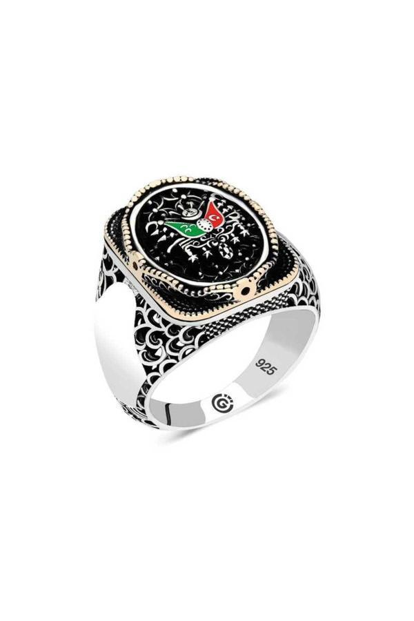 Armagano Gümüş Osmanlı Arması Oval Erkek Yüzük - Image 1