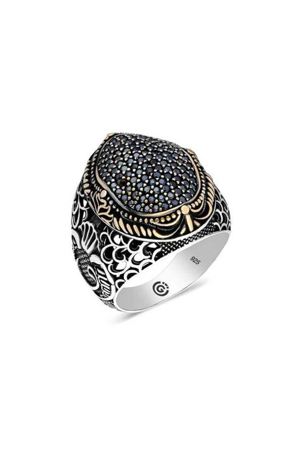 Armagano Gümüş Siyah Zirkon Taşlı Oval Erkek Yüzük - Image 1
