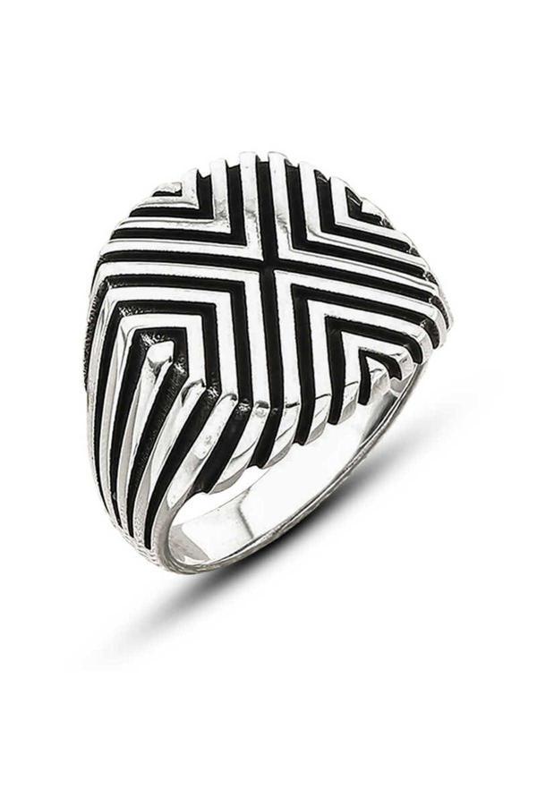 Armagano Gümüş Desenli Erkek Yüzük - Image 1