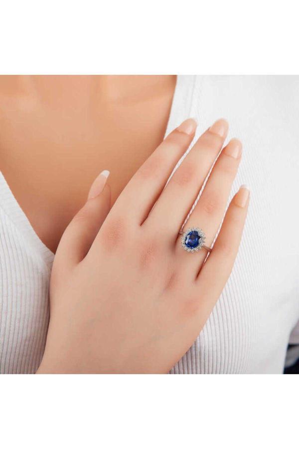 Armagano Gümüş Mavi Taşlı Oval Kadın Yüzük - Image 1