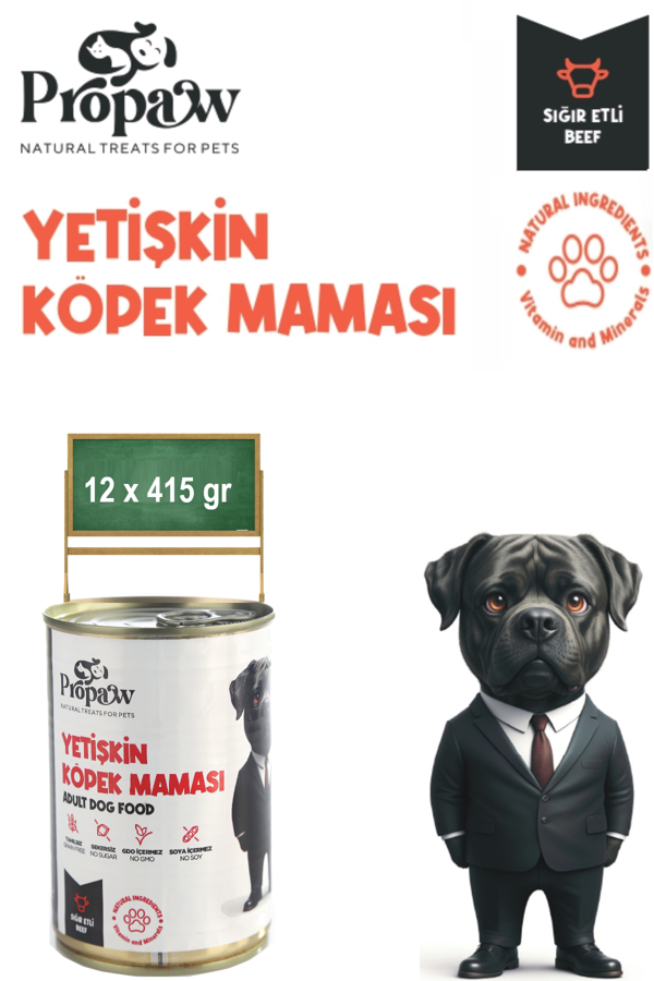 Köpek Yaş Mama Sığır Parça Etli Konserve Jöleli Premium Besleyici Yemek Tahılsız İçerik 12 x 415 gr - Image 1
