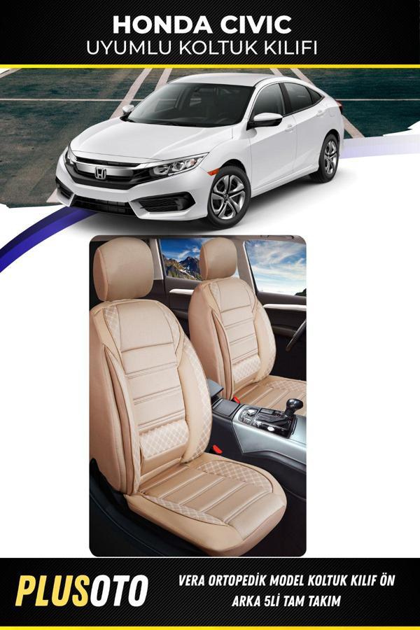 Plusoto Honda Civic Uyumlu Vera Serisi Bej Oto Koltuk Kılıfı 5Li Takım Set M-338 - Image 1