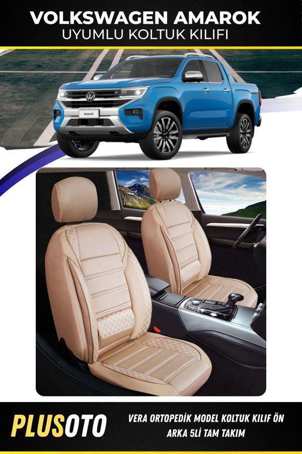 Plusoto Volkswagen Amarok Uyumlu Vera Serisi Bej Oto Koltuk Kılıfı 5Li Takım Set M-1040 - Image 1