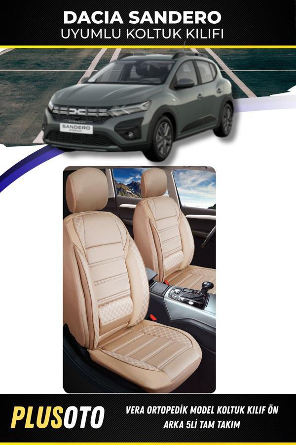 Plusoto Dacia Sandero Uyumlu Vera Serisi Bej Oto Koltuk Kılıfı 5Li Takım Set M-128 - Image 1