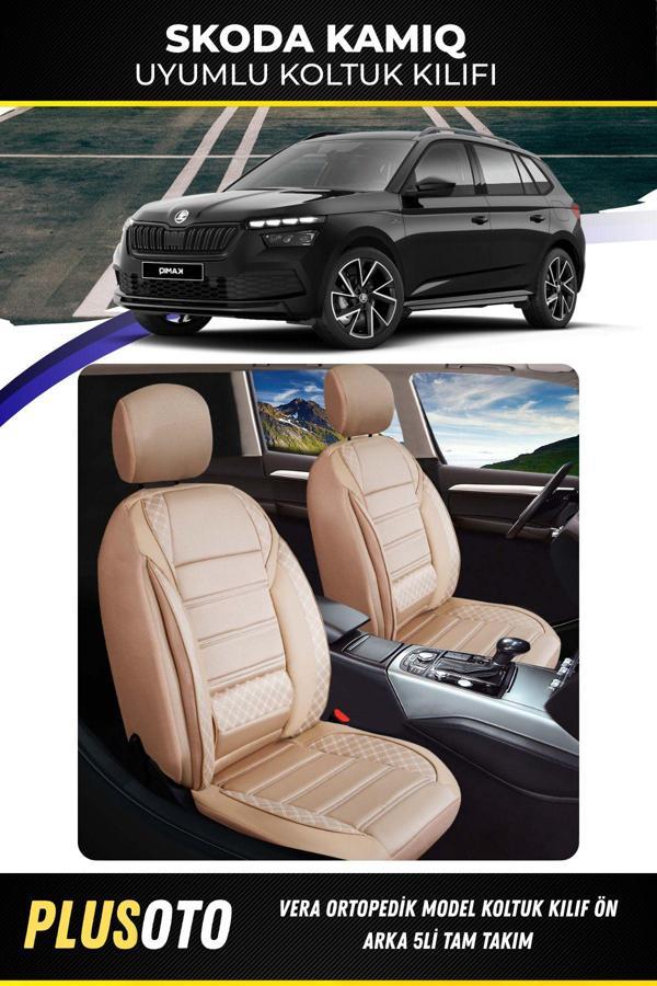 Plusoto Skoda Kamiq Uyumlu Vera Serisi Bej Oto Koltuk Kılıfı 5Li Takım Set M-896 - Image 1