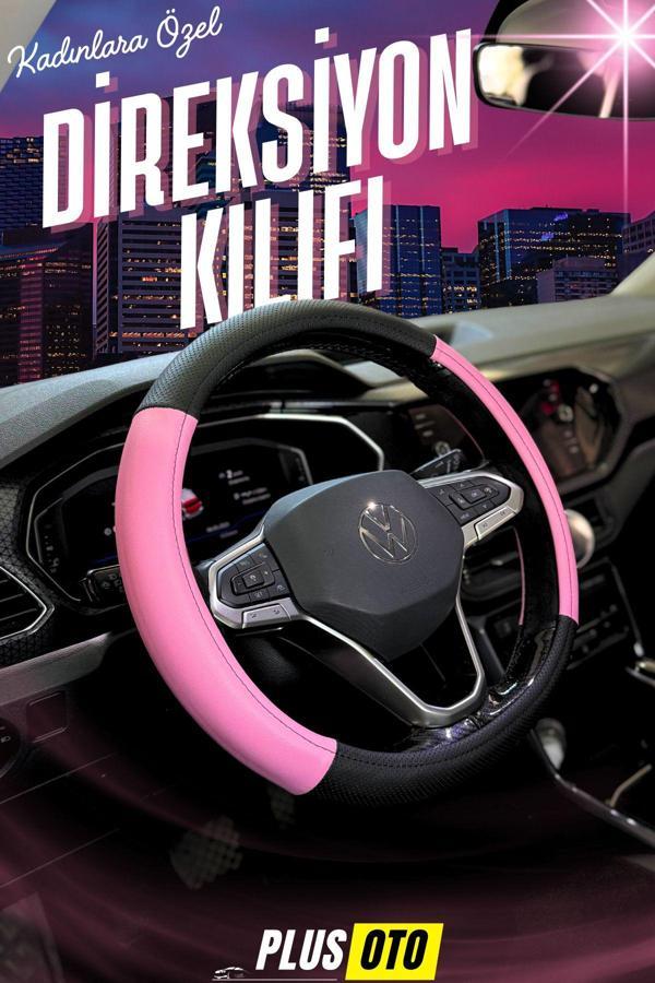 Plusoto Kadınlara Özel Geçmeli Pembe Direksiyon Kılıfı Delikli Deri Direksiyon - Image 1