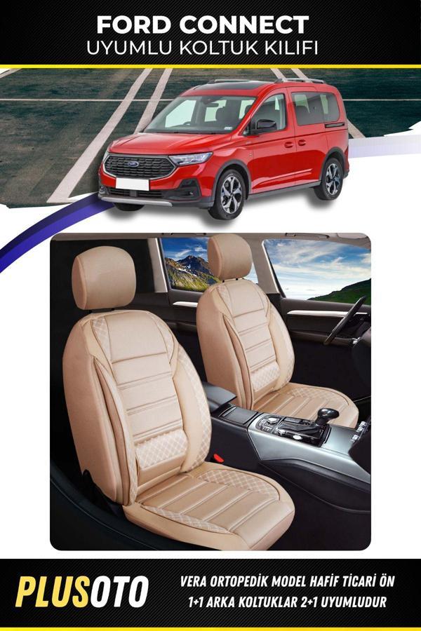 Plusoto Ford Connect (2+1) Ticari Uyumlu Vera Serisi Bej Oto Koltuk Kılıfı 5Li Takım Set T-13 - Image 1