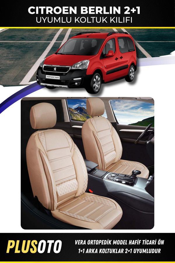 Plusoto Citroen Berlingo (2+1) Ticari Uyumlu Vera Serisi Bej Oto Koltuk Kılıfı 5Li Takım Set T-7 - Image 1