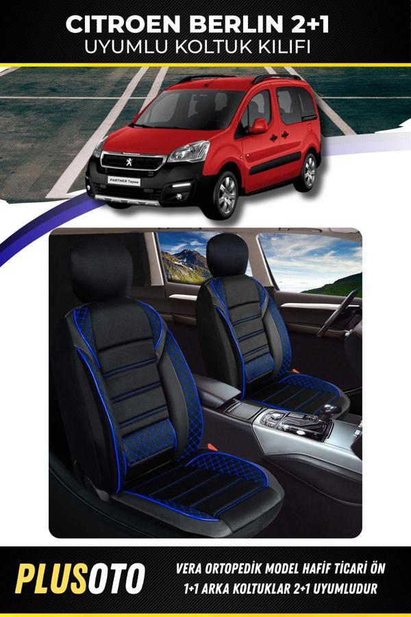 Plusoto Citroen Berlingo (2+1) Ticari Uyumlu Vera Serisi Siyah Mavi Oto Koltuk Kılıfı 5Li Takım Set T-11 - Image 1