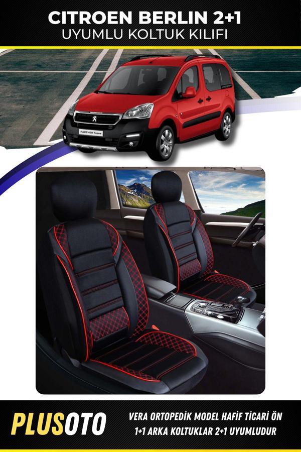 Plusoto Citroen Berlingo Ticari Uyumlu Vera Serisi Siyah Kırmızı Oto Koltuk Kılıfı 5Li Takım Set T-10 - Image 1
