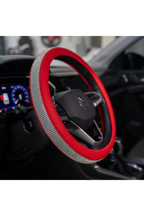 Plusoto Alfa Romeo Giulietta Uyumlu Plus Diamond Serisi Kırmızı Taşlı Geçmeli Direksiyon Kılıfı - Image 1