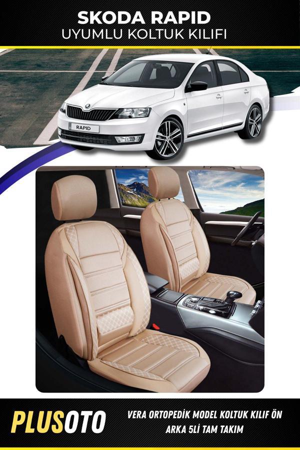 Plusoto Skoda Rapid Uyumlu Vera Serisi Bej Oto Koltuk Kılıfı 5Li Takım Set M-920 - Image 1