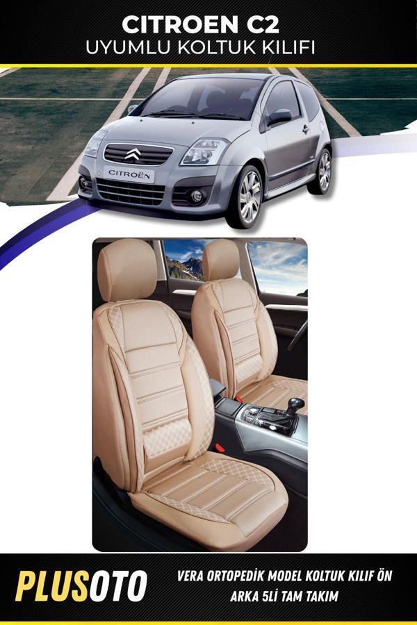 Plusoto Citroen C2 Uyumlu Vera Serisi Bej Oto Koltuk Kılıfı 5Li Takım Set M-44 - Image 1