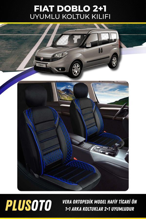 Plusoto Fiat Doblo (2+1) Ticari Uyumlu Vera Serisi Siyah Mavi Oto Koltuk Kılıfı 5Li Takım Set T-5 - Image 1