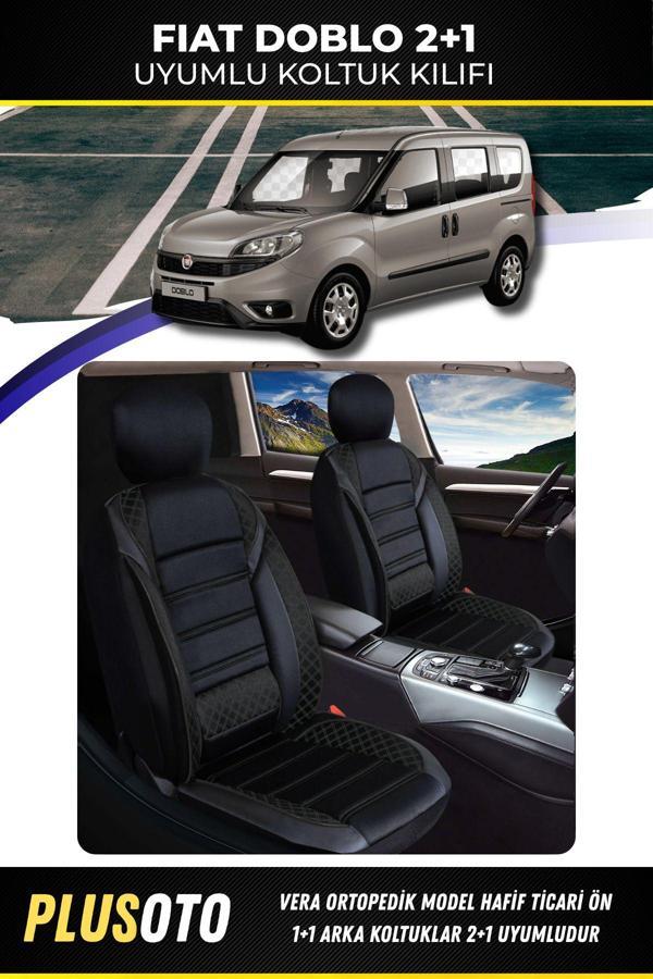 Plusoto Fiat Doblo (2+1) Ticari Uyumlu Vera Serisi Siyah Oto Koltuk Kılıfı 5Li Takım Set T-6 - Image 1