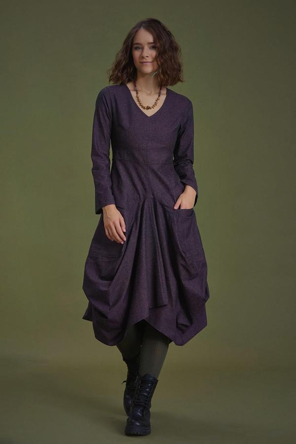 Los Banditos Derin V Yaka Uzun Kollu Balon Lila Elbise - Image 1