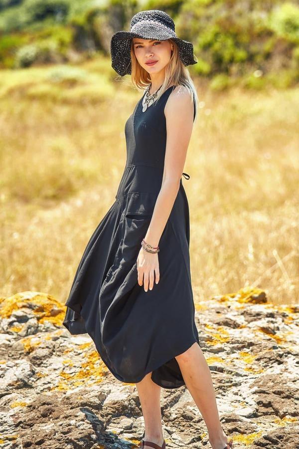 Los Banditos Asimetrik Etek Ucu Kayık Yaka Cepli Elbise - Image 1