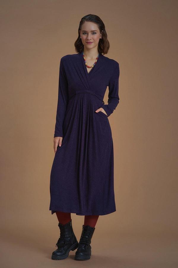 Los Banditos Ön Robalı Bağcıklı V Yaka Kışlık Mürdüm Elbise - Image 1