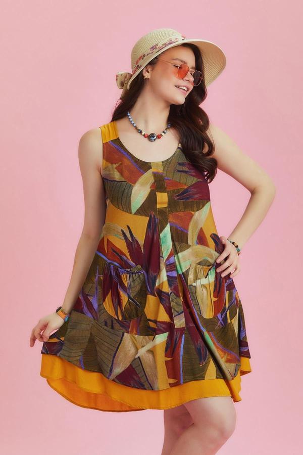 Los Banditos Önü Cepli Kolsuz Haki Desenli Yazlık Elbise - Image 1